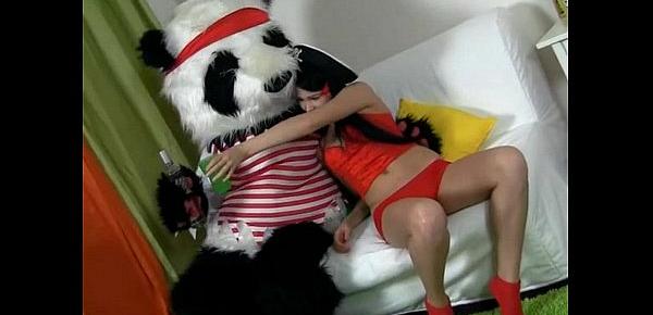  Sexy brunette girl in red tempts Panda